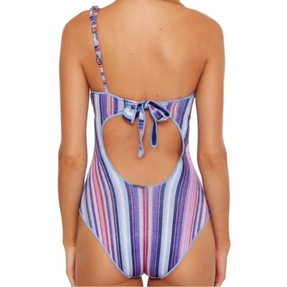 NEW BECCA Purple/Blue South Coast Printed Metallic Asymmetrical One-Piece Size M - Picture 3 of 11